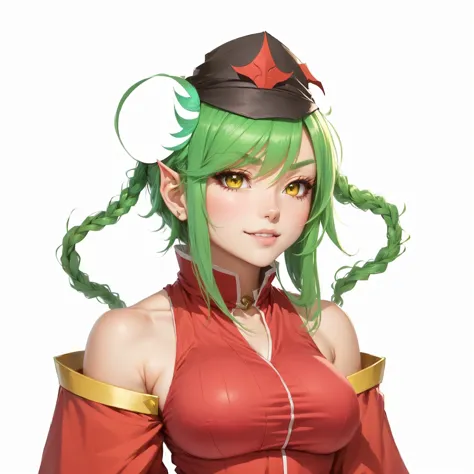 a cartoon image of a woman with green hair and a red top, aqua from konosuba, touhou character, visual novel sprite, roguish smirk, art of kirokaze pixel, 2 d sprite, inspired by Takehisa Yumeji, yun ling, onmyoji portrait, kunoichi, r /art, r/art, patreon...