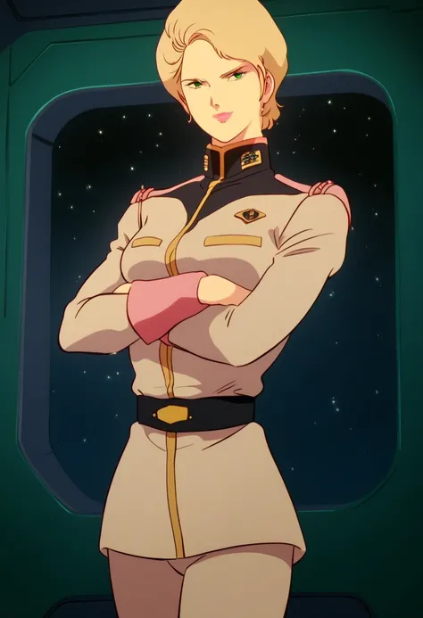 NSFW, score_9, score_8_up, score_7_up, score_6_up, LilaMillaRira, short blonde hair, green eyes, glossy pink lips, soft smiling, relaxed, wearing eff officer uniform, long sleeved, officer hat, yellow pipings, black belt, chino pants, military boots, well ...