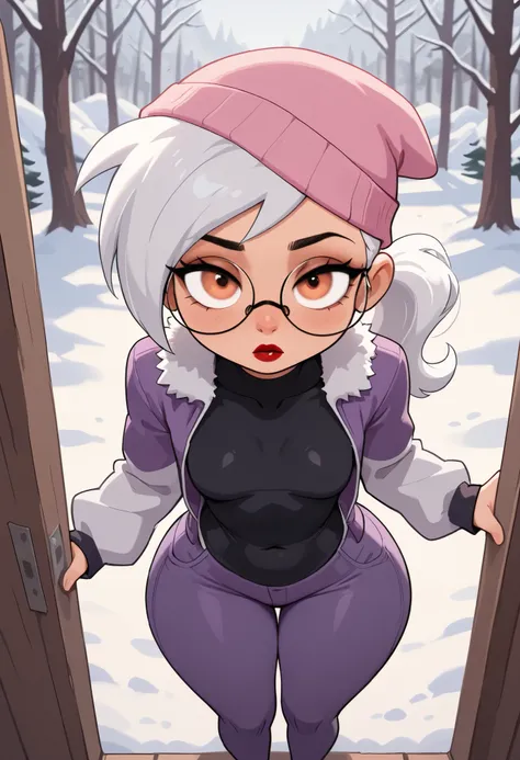 masterpiece,best quality,absurdres, (close-up:1.2), from above, 1girl, dani phantom, petite, small breasts, huge hips, ponytail, white hair, (half-closed eyes:0.6), looking at viewer, red lips, round glasses, cowboy shot, purple fur-trimmed jacket, pink be...