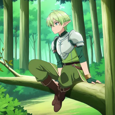 masterpiece, newest, absurdres, safe, anime screencap, 1boy, male focus, full body view, elf, short hair, green hair, slender body, light armor, bow and arrow, green eyes, observing, on top of a branch, camouflaged, forest, trees, nature, bracelet, fingerl...