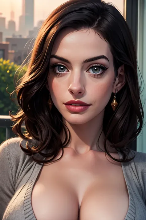 Anne Hathaway, a vision of loveliness in her mid-30s, exudes sultry sophistication. In a stunning close-up shot, her radiant face is bathed in soft daylight, her dark locks styled sleekly framing her features. Her gaze, direct and flirtatious, captures the...