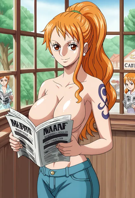 score_9_up, best quality, source_anime, (solo:1.3), 1girl, Nami, orange hair, from front, topless, jeans, looking at viewer, sexy, (covering both medium breasts:1.1), (ponytail:1.3), smile, (cafe:1.4), (toned body:1.1), (slightly from left side:0.9), (curv...