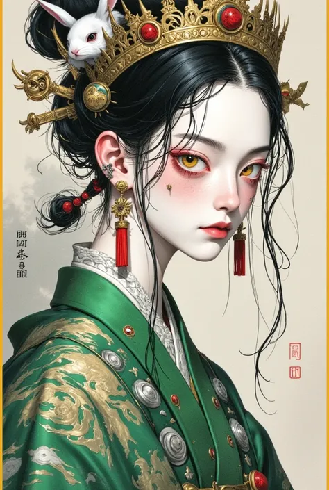 A painting of a woman in a kimono wearing a crown and a rabbit,  with loose hair，A detailed painting inspired by Cheng Yanjun ,  is popular in the CG society , Aestheticism, Gu Weiss,  yanjun chengt , artwork in the style of Gu Weiss,  krenz cushart and we...