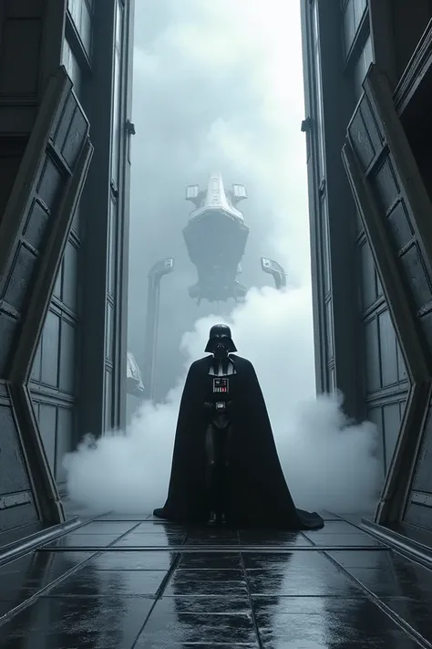 Darth Vader rising on a glass walled elevator, amidst a release of steam, to the flight deck in his Star Destroyer's hangar bay, where his TIE Advanced starfighter waits in the background, to the left of the viewer. Masterpiece, best quality photograph. Ov...