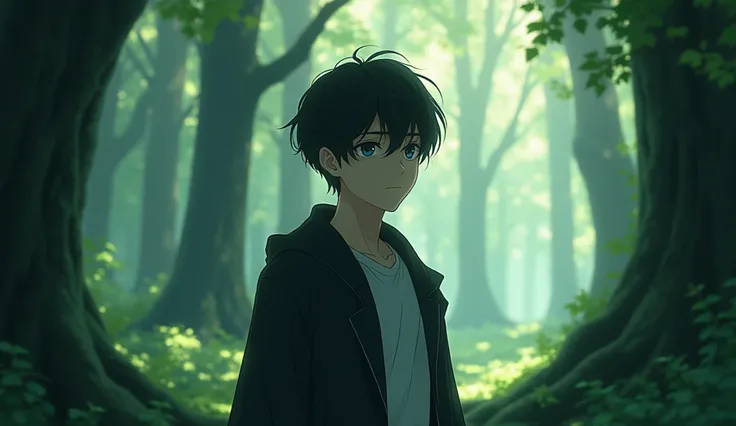  a handsome teenage guy,Alone, Short Hair, Black Hair, Hair Between Eyes, anime, forest,