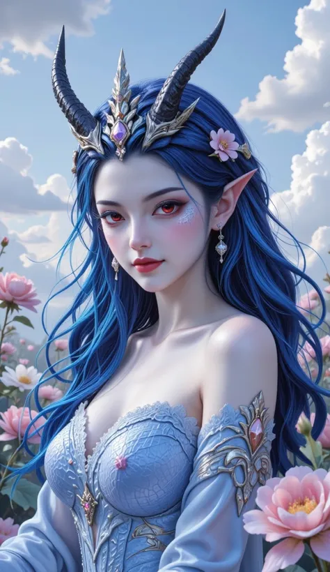 The image depicts a beautifully illustrated character that appears to be a fantasy or mythical being. The character has striking blue skin and blue hair, adorned with elaborate and ornate details. She is wearing a stunning, elaborate headpiece that resembl...