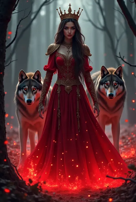 I want an animetic image. Dark brown hair long enough to grow just above their shoulders and stubble, dark brown asian style straight and slanting eyes, a wolf queen woman leading a wolf pack. It has a fluffy ottoman sultan dress with red color flying on i...