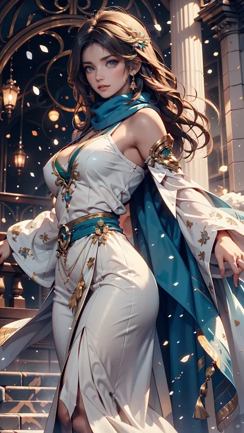  masterpiece,  top quality,  by Nomi, ( 1 girl: 1.3), blue gold white clothes ,  shawl long hair ,  jump, Leap,  dance,  green gold white clothes,  Long Skirt ,  long scarf , Flowing, Big Breasts, Snow white skin,  shoulder out,  full body, (from below:1.5...