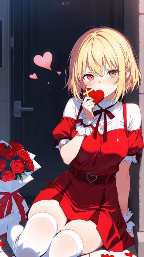 (Absurdres:1.2), best quality, Valentine's Day theme, 1 girl, red dress, thigh highs, white socks, sending a kiss, hearts, flowers, blonde hair, freckles, sharp focus, amazing quality, stunning visuals, romantic