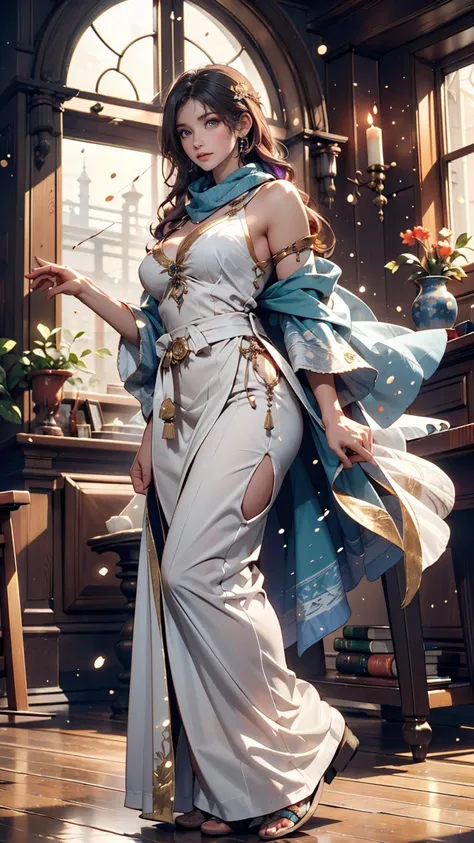  masterpiece,  top quality,  by Nomi, ( 1 girl: 1.3), blue gold white clothes ,  shawl long hair ,  jump, Leap,  dance,  green gold white clothes,  Long Skirt ,  long scarf , Flowing, Big Breasts, Snow white skin,  shoulder out,  full body, (from below:1.5...