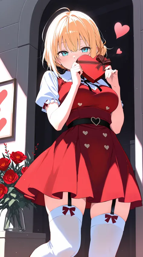 (Absurdres:1.2), best quality, Valentine's Day theme, 1 girl, red dress, thigh highs, white socks, sending a kiss, hearts, flowers, blonde hair, freckles, sharp focus, amazing quality, stunning visuals, romantic