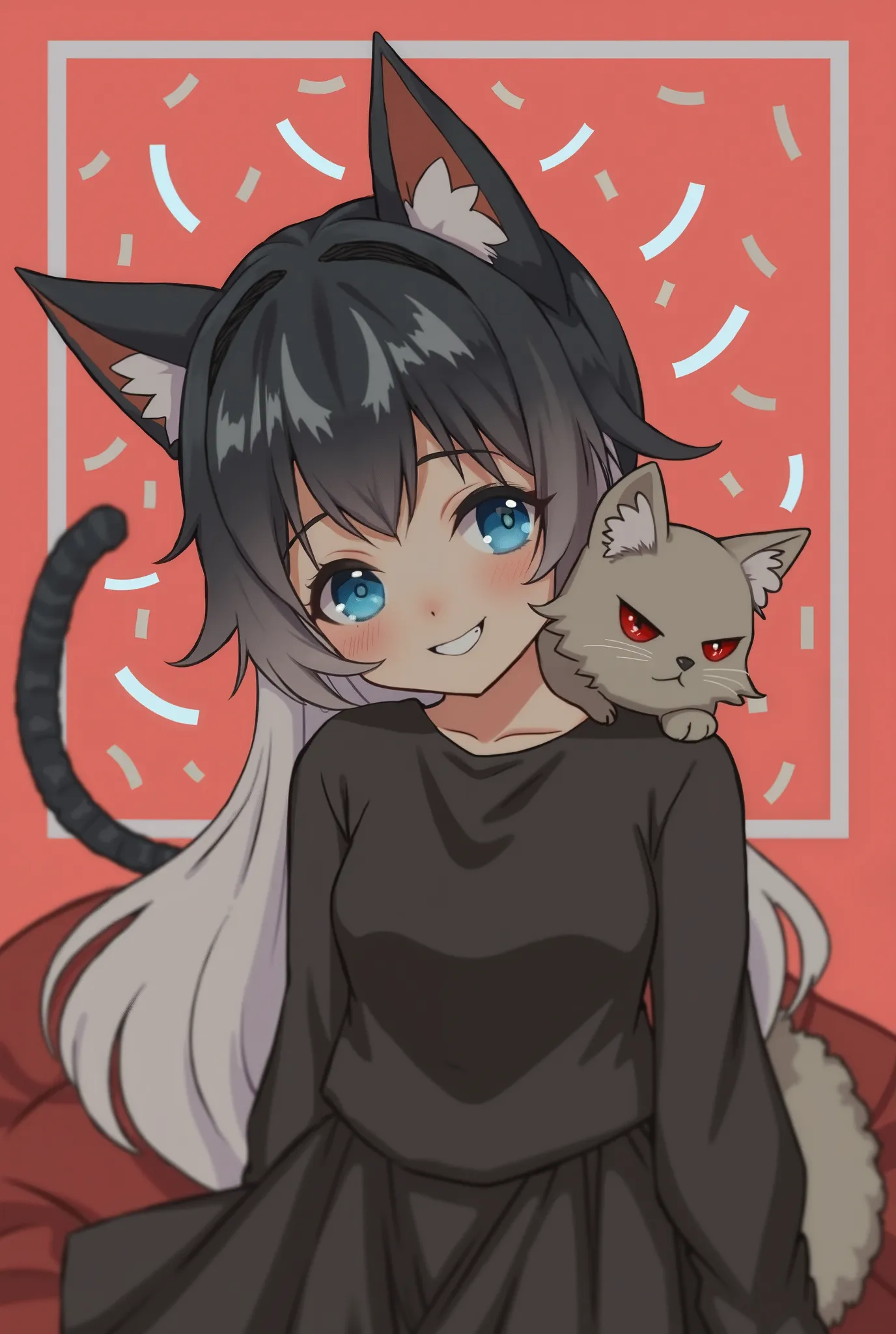 Generate a cute anime female version of the image with these details:

Catgirl theme: white cat ears, blue eyes, and wavy long white hair.

Softer features: More feminine face with a grin.

White cat companion with red eyes: Present on the right shoulder.
...