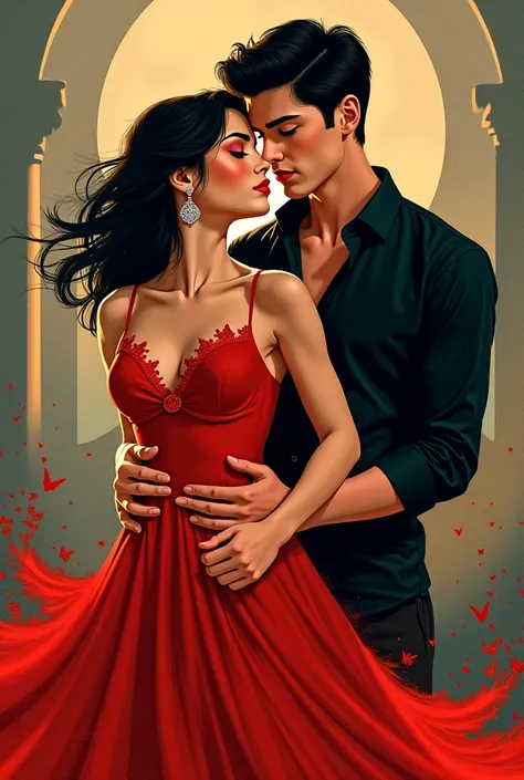 Young beautiful female lead is wearing red dress and handsome male lead is wearing black shirt and standing behind her possessive, illustrated 