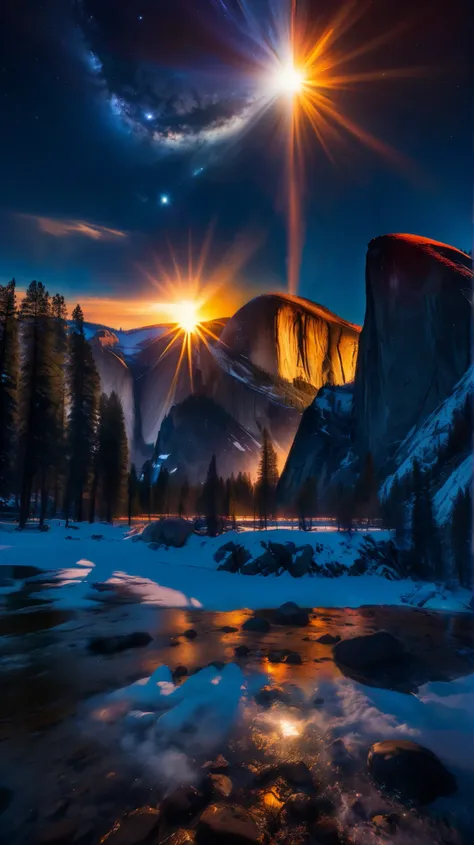 RAW photograph of (Yosemite) at night,with a (C0r0n4 eclipse:0.9) (rising high in the sky above),surrounded by bright solar corona,HDR,(wide angle shot),sharp focus,(highly detailed),(8k wallpaper),intricately detailed,highres,absurdres,hyper realistic,8K ...