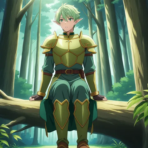 masterpiece, newest, absurdres, safe, anime screencap, 1boy, male focus, adult man, full body view, elf, short hair, green hair, slender body, light armor, bow and arrow, green eyes, observing, on top of a branch, camouflaged, forest, trees, nature, bracel...