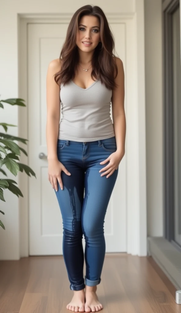 a beautiful young woman with long brown wavy hair standing and (wetting herself:1.8). She is wearing blue skinny jeans and casual outfit and barefoot facing the camera. her jeans are wet. (full body picture:1.5). There is a large pee stain on her jeans dow...