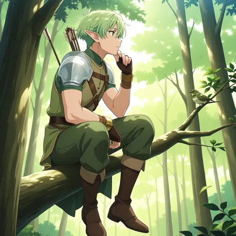 masterpiece, newest, absurdres, safe, anime screencap, 1boy, male focus, adult man, full body view, elf, short hair, green hair, slender body, light armor, bow and arrow, green eyes, observing, on top of a branch, camouflaged, forest, trees, nature, bracel...