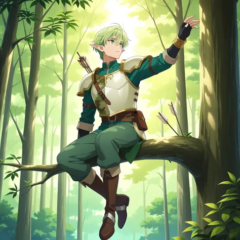 masterpiece, newest, absurdres, safe, anime screencap, 1boy, male focus, adult man, full body view, elf, short hair, green hair, slender body, light armor, bow and arrow, green eyes, observing, on top of a branch, camouflaged, forest, trees, nature, bracel...