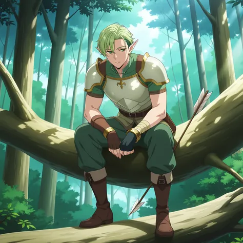 masterpiece, newest, absurdres, safe, anime screencap, 1boy, male focus, adult man, full body view, elf, short hair, green hair, slender body, light armor, bow and arrow, green eyes, observing, on top of a branch, camouflaged, forest, trees, nature, bracel...