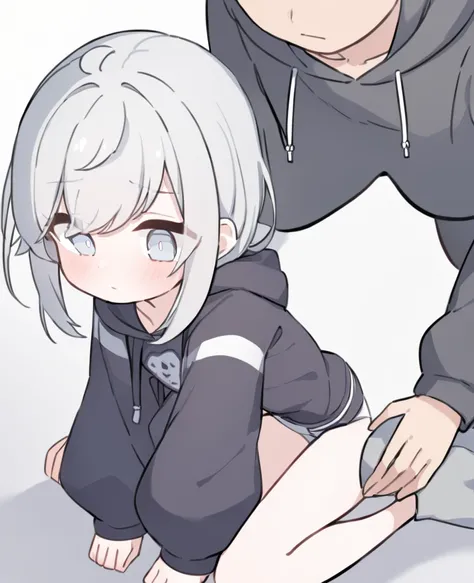  cute　 girl　 Silver Hair　 wearing a black hoodie that is 4 times the size of his head 　 spats　 light blue eyes　girl sitting　Place your hands on your knees　 Sensitive 　 in underwear　