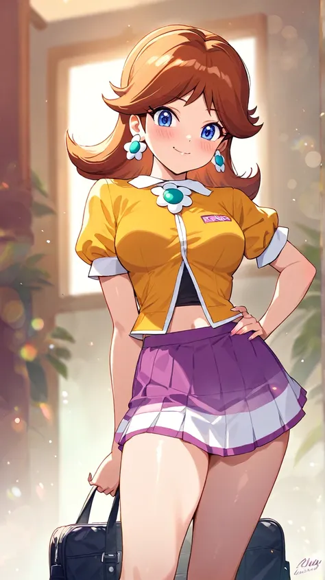 Princess Daisy, sexy, dressed as a sexy anime high school student wearing a small skirt with long hair