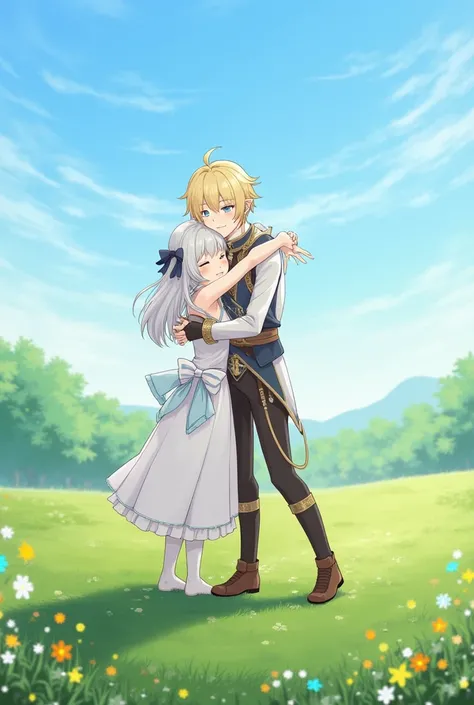 No.... please draw Aether and Lumine, the twins from Genshin Impact, hugging each other in a brotherly way in a grassy place