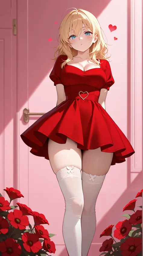 (Absurdres:1.2), best quality, Valentine's Day theme, 1 girl, red dress, thigh highs, white socks, sending a kiss, hearts, flowers, blonde hair, freckles, sharp focus, amazing quality, stunning visuals, romantic