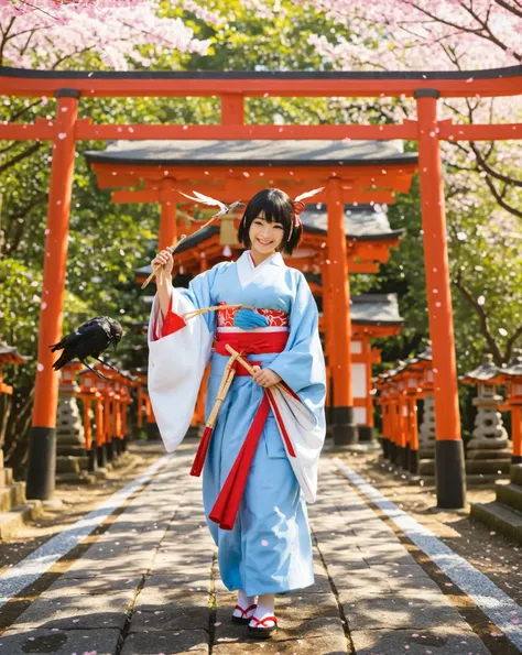 A young shrine maiden in a traditional Japanese kimono、A young shrine maiden wearing a traditional Japanese kimono playing with a sacred crow . she is smiling and having fun.