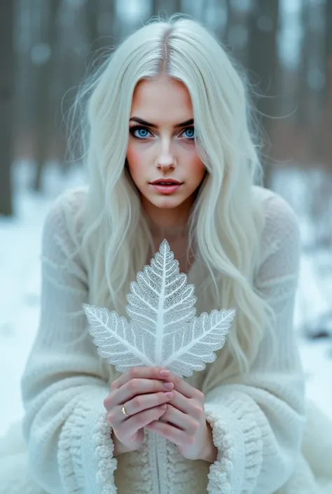 A beautiful Instagram model with long white hair and green eyes, crouching down in a snowy forest, focusing on a macro shot of a frozen leaf.