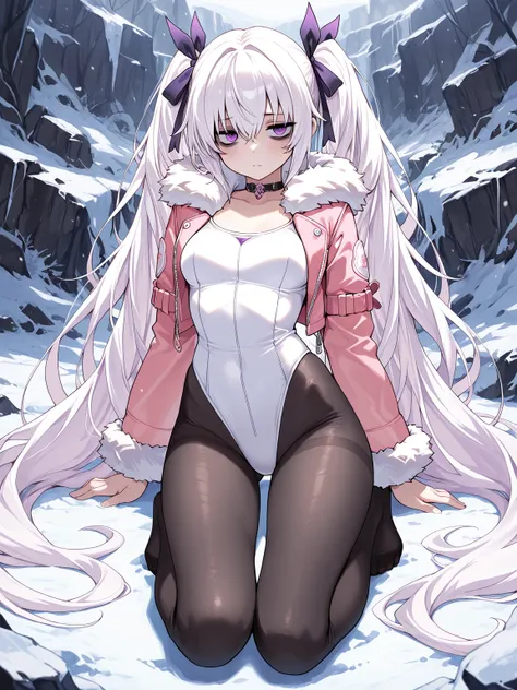 1girl, white hair, very long hair, twintails, purple eyes, bags under eyes, hair ribbon, pink cropped jacket, open jacket, fur-trimmed jacket, fur-trimmed sleeves, white leotard, black pantyhose,, (masterpiece, best quality, extremely detailed), perfect co...