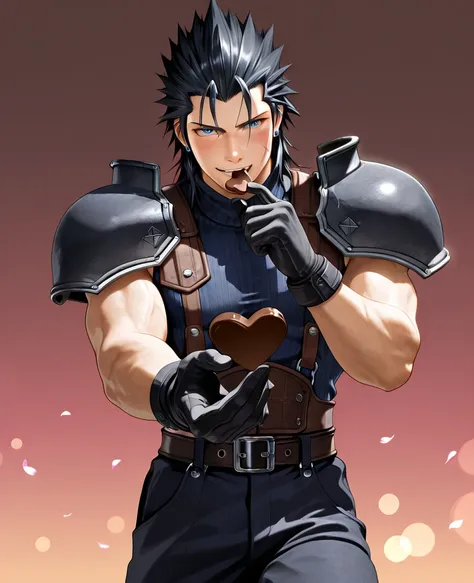 FFZack, 1boy, black hair, spiked hair, blue eyes.costume. scar on face, scar on cheek, suspenders, sleeveless turtleneck, muscular, shirt, gloves, earrings, belt, pants, medium hair, shoulder armor, hair slicked back.male focus.muscular, toned_male, toned,...