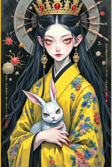 A painting of a woman in a kimono wearing a crown and a rabbit,  with loose hair，A detailed painting inspired by Cheng Yanjun ,  is popular in the CG society , Aestheticism, Gu Weiss,  yanjun chengt , artwork in the style of Gu Weiss,  krenz cushart and we...