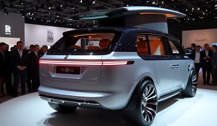 
futuristic Rolls-Royce concept camper van viewed from the rear, featuring a sleek and aerodynamic design. The back showcases a full-width LED taillight strip with an illuminated Rolls-Royce emblem at the center. The rear bumper has integrated exhaust vent...