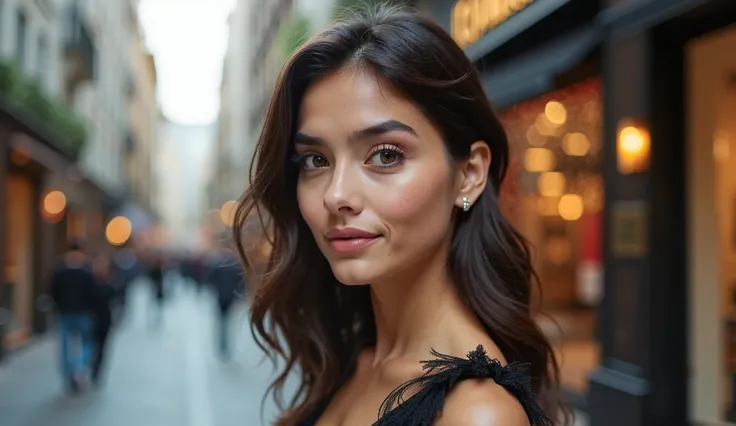 Beautiful brunette girl close up view in a charming black dress 30 years old, beautiful modern street in the background