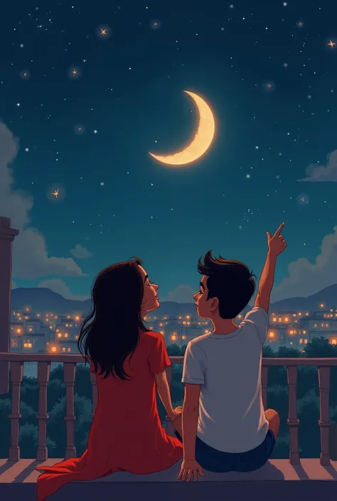 # Scene 1: Noor and Atif gazing at the Ramzan moon
- Image prompt: A warm illustration of Noor and Atif sitting together on a balcony, looking up at the crescent moon in the night sky. Atif is pointing excitedly at the moon.