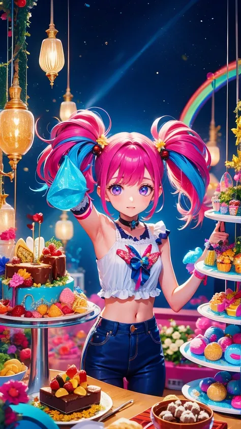  美しい詳細な fashion雑誌スタイル ,  pink hair girl wearing pastel decora fashion,  Exquisitely illustrated  ,   ice cream, sweets, Sparkle, rainbow,  light particles,   cake, strawberry, [fruit,   dynamic angle,  pink theme rising on both sides,  pink hair,   twin ta...