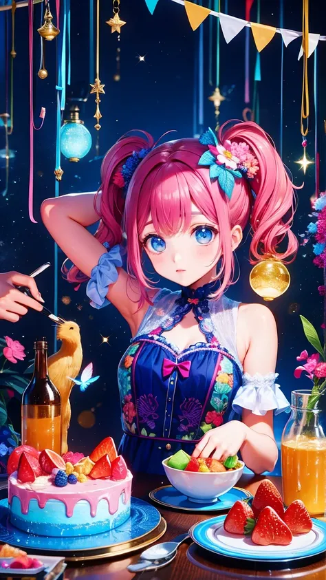  美しい詳細な fashion雑誌スタイル ,  pink hair girl wearing pastel decora fashion,  Exquisitely illustrated  ,   ice cream, sweets, Sparkle, rainbow,  light particles,   cake, strawberry, [fruit,   dynamic angle,  pink theme rising on both sides,  pink hair,   twin ta...