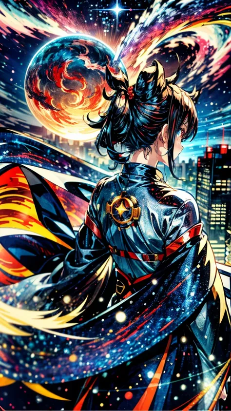 ((red supergiant))、Tornado of Light ,Back view,An anime girl is watching a big city view,Planet City , ponytail,Makoto ,  Anime Art Wallpaper 4K,  Anime Art Wallpaper 4K,  Anime Art Wallpaper 8K,  inspired by Cyril Roland,  In the Style Dunman Ford Artwork...