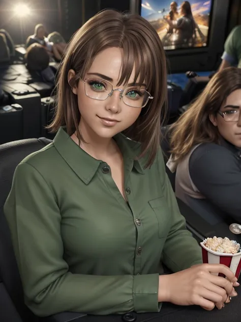 ( close-up,  upper body :1.6). Short,  red hair, ( green eyes:1.2), ( diopter glasses with metal frames:1.2), ( green shirt with buttons:1.4),  smiling girl  (sits in the cinema auditorium:1.8). ( Masterpiece ,  top quality,  better quality,  official art ...