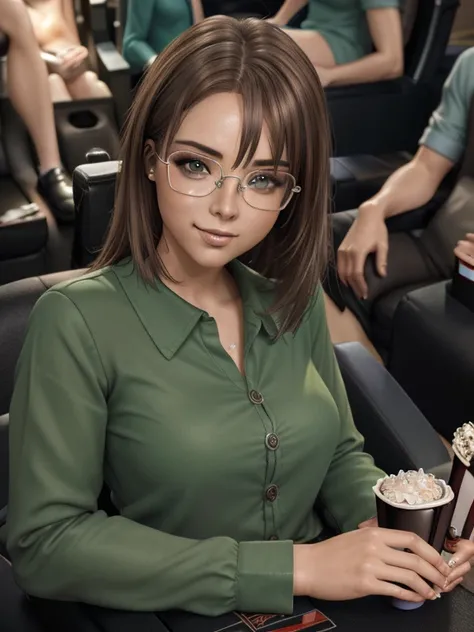 ( close-up,  upper body :1.6). Short,  red hair, ( green eyes:1.2), ( diopter glasses with metal frames:1.2), ( green shirt with buttons:1.4),  second-size chest,  smiling girl  (sits in the cinema auditorium:1.8). ( Masterpiece ,  top quality,  better qua...