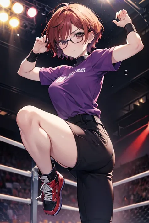 Female, European, short hair, brownish red hair, kick boxing, control the elements, glasses, Purple clothing, brown eyes