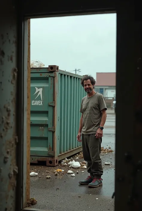  An image seen from inside a place , through a simple and large window. Outside you have to see a container with debris. Next to him,  a person who looks like a homeless person , delgado, disheveled and with a smile . it's hot, So you're wearing a t-shirt ...