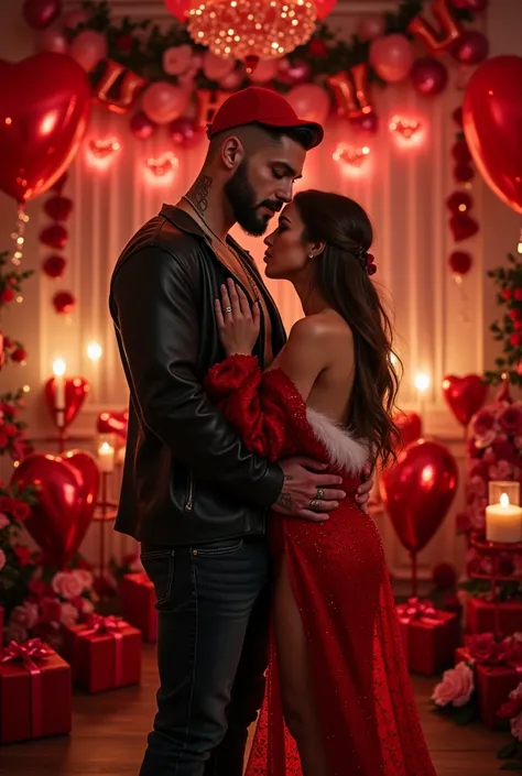 Disney effect: an adult man and a girl hugging each other in front of valentines day decorated room with red roses, heart balloons, candles, many gift boxes. he wears red heart cap and underneath he is shaved and has a short beard and a short mustache, mus...