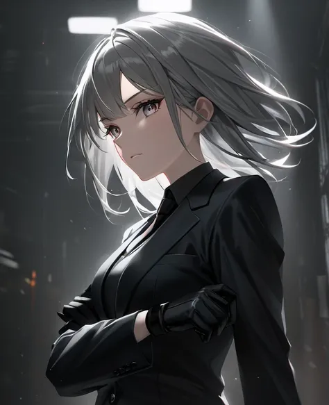 One-armed woman , Gray Hair,  wearing a black suit and black gloves,  Arrogant Expression  ,  detailed face,  high quality,  photorealistic, 8k,   professional,  dramatic lights ,  cinematic , Cool color palette,   dark moody atmosphere 