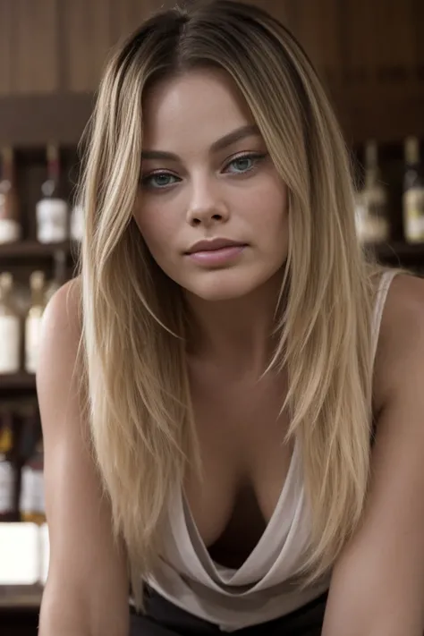 Margot Robbie. A beautiful blonde 18 year old girl in a bar. Decollete. frown. Long hair.  Lean forwards. close up shot. shot from below. look down on the viewer