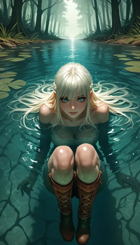 The girl in the boots fell into the swamp,  partially submerged,  water line ,