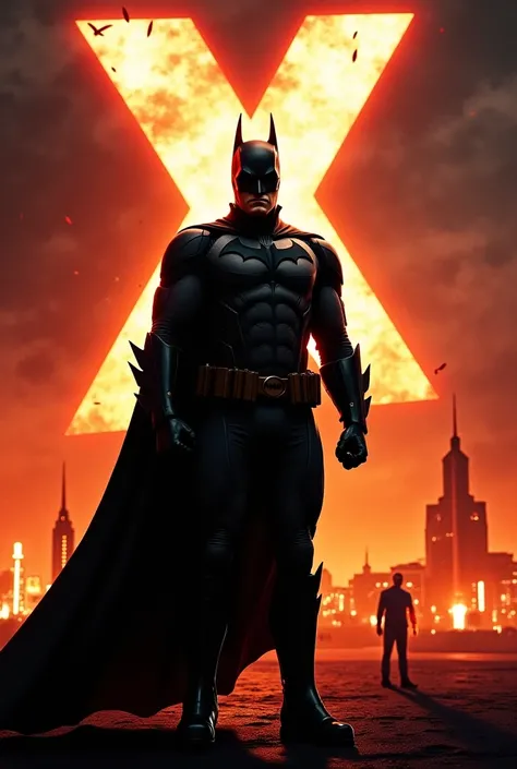 **Movie trailer video Concept: "BATMAN - The President 'X'"**

**Visual Design:**  
- **Foreground:** Batman stands defiant, cape billowing, with the Bat-Signal blazing behind him. His stance is battle-ready, holding a high-tech gauntlet aimed at the chaos...