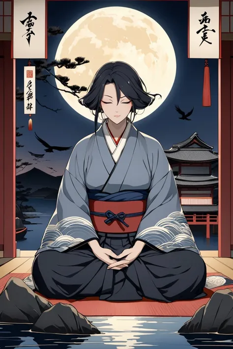 ukiyo-e,     Ultra High Resolution   ,   美Shii伝統的な日本の文化,  Wavy rock  、 Man meditating  、  night illuminated by moonlight 、  meditating 、god々Shii、Hanafuda、  masterpiece,  old style 、  waves hit the quay 、tranquility、Royalty、Dawn Moon、  the devil is approach...