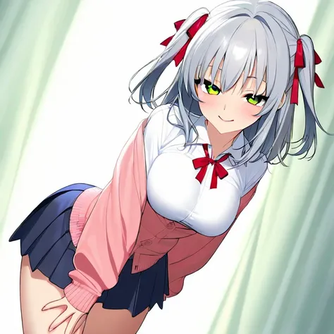  Supreme Masterpiece、( 1 High School Girl)、focused、seductive smile、( silver hair)、medium hair、two side up、 Cardigan、 white blouse、red ribbon around the collar 、 navy blue pleated skirt、 green eyes、(Beautiful breasts)、 school infirmary、cute girl、blush、 fema...