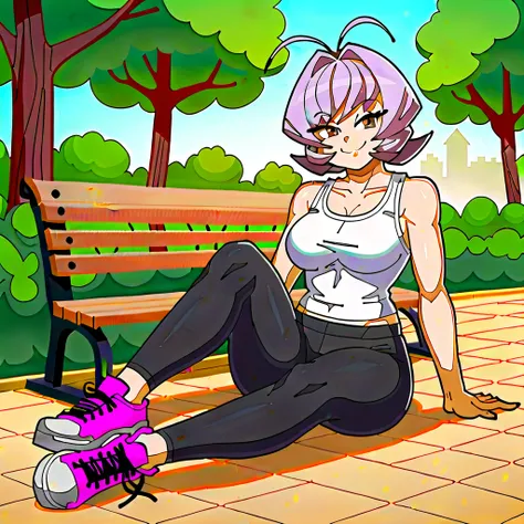 (1girl, solo, alone), ((osananajimi, najimi osana, short hair, brown eyes, purple hair, hair intakes, antenna hair, smug)), ((leggings, lycra pants, top shirt, women's tank top, gym, sneakers, gymnastics, park, square, path, trail, trees, flowers, bushes, ...